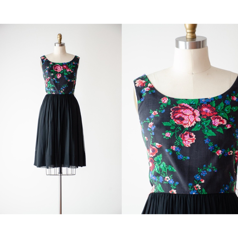 black cottagecore dress 50s 60s vtg Gay Gibson pink floral sequin chiffon dress